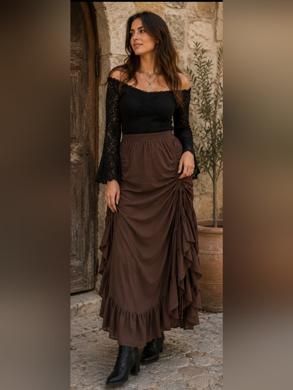 Scarlet Darkness Brown Ruched Maxi Skirt 2XL Gothic Victorian Renaissance...